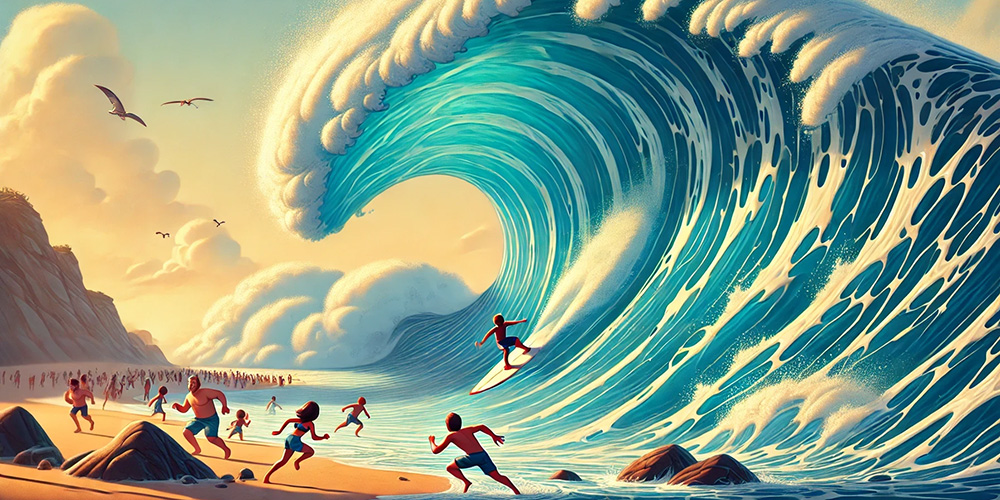 large wave coming towards a crowded beach. A metaphor for AI Dsiruption.