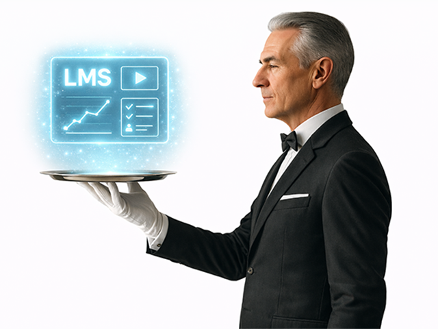 Butler holding a silver tray with an LMS UI.