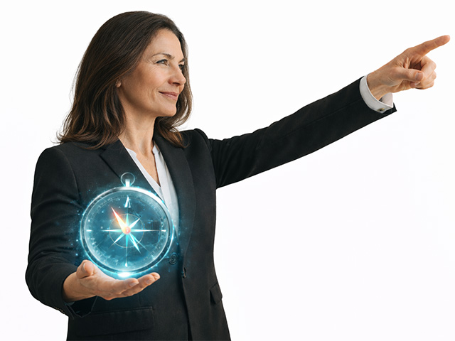 Woman pointing ahead while holding a digital compass.